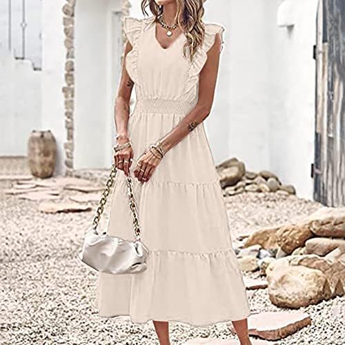 Yaz Kolsuz uzun elbise Kadınlar için Rahat V Yaka Tankı Elbiseler Önlüklü Bel Katmanlı Fırfır Flowy Boho Maxi Sundress