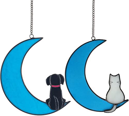 Opohaome Köpek Kedi Anıt Hediyeler Suncatcher Beyaz Kedi Siyah Köpek Dekor üzerinde Aydınlık Mavi Ay Vitray Pencere