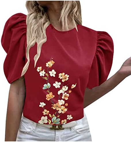 Kadınlar için yaz Kırpma Üstleri Puf Kollu Kısa Kollu Gevşek Tees Yaz Casual Crewneck Çiçek Baskı Gömlek Bluzlar