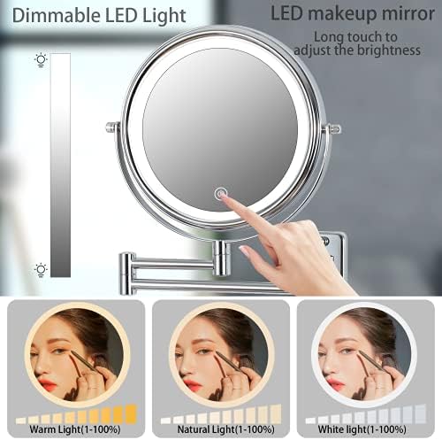Makyaj Aynaları Işıklı Büyüteç 10X Duvara Monte makyaj aynası 8 inç 3 renkli led ışıklar Modları, Kısılabilir Dokunmatik