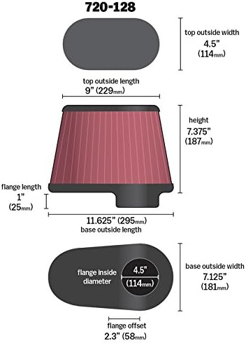 Airaid (AİR-720-128) Üniversal Kelepçeli Hava Filtresi: Oval Konik; 4,5 inç (114 mm) Flanş Kimliği; 7,375 inç (187