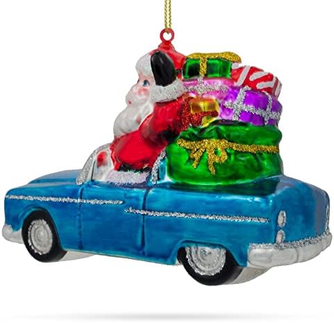 Noel Baba Dönüştürülebilir bir Arabada Hediyelerle dolu Cam Noel Süsü 3,6 inç