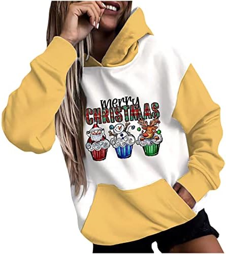 Kadın Merry Christmas Sevimli Hoodies Genç Kız Büyük Boy Tişörtü Casual Colorblock Y2K svetşört Cep ile