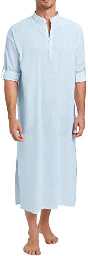 TURETRENDY erkek Uzun Kollu Kaftan Thobe Düğme Aşağı Henley Elbise Rahat Yan Bölünmüş Elbise Gömlek