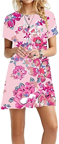hopolsy Çiçek Elbise Kadınlar için Gevşek Fit Ekip Boyun Kısa Kollu Yensiz Yaz Rahat Plaj Kazak Flowy Tees Elbise