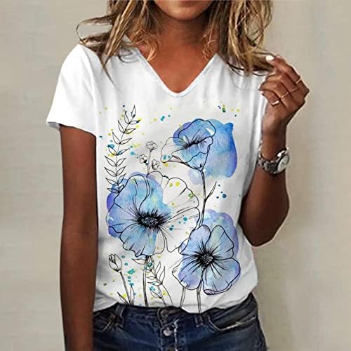 Yaz Bayan Kısa Kollu V Boyun Çiçek Baskılı Üst T Shirt Casual Gömlek Tee Tunik Bayan Üstleri Kısa Kadın Rahat Tee