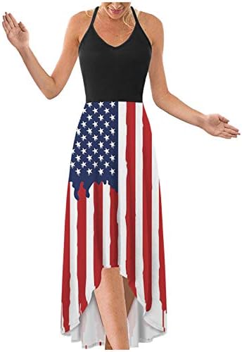 4th Temmuz Maxi Elbise Kadınlar için Yaz Casual Boho Elbise ABD Bayrağı Cami Kolsuz Scoop Boyun Yıldız Çizgili Yensiz
