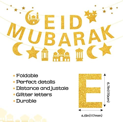 Glitter Eid Mubarak Afiş Altın Ay Yıldız Eid Asılı Eid İslam Parti Süslemeleri Yok DIY Gerekli