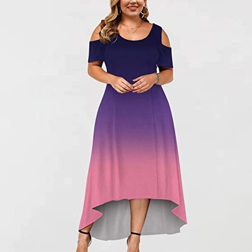 Kadın Artı Boyutu Midi uzun elbise Degrade Renk Soğuk Omuz Kısa Kollu Rahat hamile elbisesi Yüksek Düşük Hem Sundress