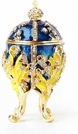 Apropos El-Boyalı Vintage Stil Faberge Yumurta ile Zengin Emaye ve Köpüklü Rhinestones Takı Biblo Kutusu (Sarı Mavi)