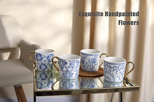Taimei Çay Saati Seramik Kahve Kupa Seti 4, Mavi ve Beyaz Çiçek Desenli 12,5 oz Çay Bardağı Seti, Kadınlar, Arkadaşlar,