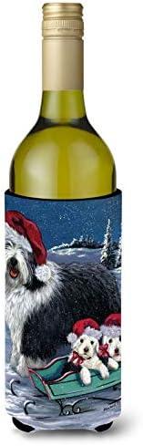 Caroline's Treasures PPP3120LİTERK Eski İngiliz Çoban Köpeği Noel Kar Şarap Şişesi Hugger, Şişe Soğutucu Kol Hugger