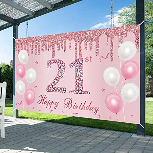 Pembe Gül Altın 21st Doğum Günü Afiş Süslemeleri Onun için, Mutlu 21st Doğum Günü İşareti Parti Malzemeleri Kızlar