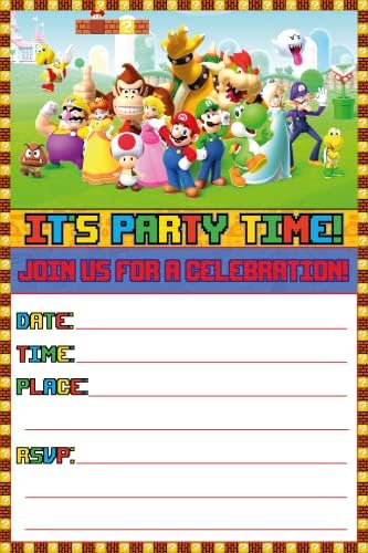 30x Süper Mario Doğum Günü Davetiyeleri-Dolgu Mutlu Doğum Günü Partisi Davetiyeleri Çocuklar için, 6X4 İnç, Kartpostal