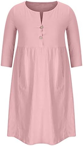 Lmdudan 2023 Yaz Pamuk ve Keten Elbise Kadınlar için 3/4 Kollu Düğme Cepler Elbise Moda Katı Dökümlü Salıncak Elbiseler