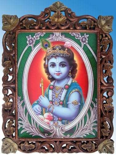 Lord Çocuk Krishna ve Ahşap El Sanatları Çerçeveli Flüt