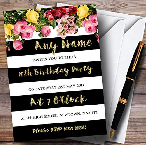 Pembe çiçek siyah beyaz altın 10 kişiselleştirilmiş Doğum günü partisi davetiyeleri