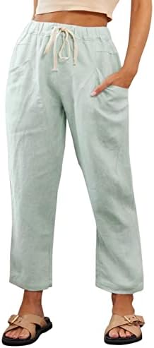 Mackneog Gevşek Fit Düz Renk Geniş Bacak Kapriler Yaz Keten Geniş Bacak kapri pantolonlar Cepler ile Rahat Bayan