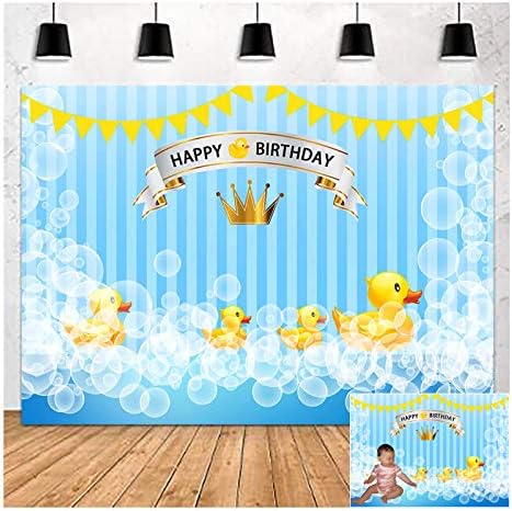 Mavi Kabarcık Sevimli Küçük Sarı Ördek Mutlu Doğum Günü Tema Fotoğraf Arka Planında Çocuk Erkek veya Kız Bebek 1st