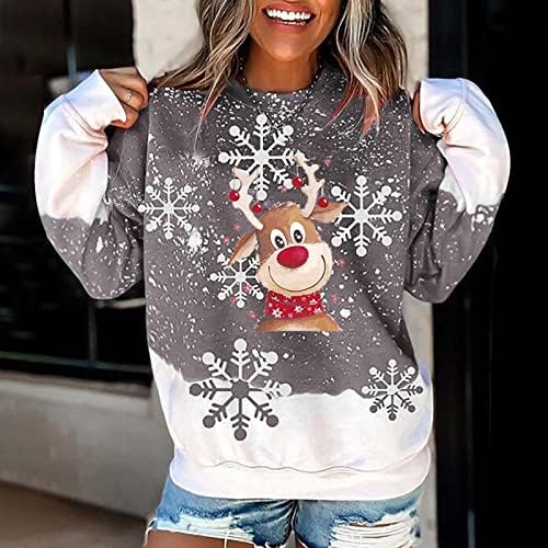 Noel Tişörtü Kadınlar için Gevşek Fit hiçbir Hood Uzun Kollu Ekip Boyun Sevimli Noel Grafik Gömlek Tops Kazak
