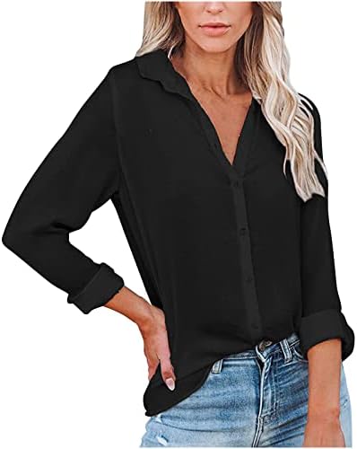 Üstleri kadın Tek Göğüslü Uzun Kollu Tee Gömlek Katı Yaka Gömlek Bluz Sonbahar Rahat Moda Gevşek Fit Tunik Üstleri