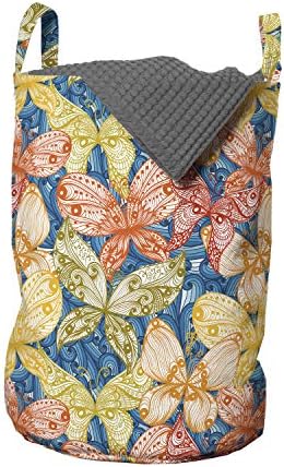 Ambesonne Sonbahar Yaprakları Çamaşır Torbası, Kelebekler ve Mavi Girdaplar Vintage Eğrileri ile Çiçek Elle Çizilmiş