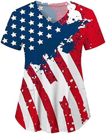 4th Temmuz Gömlek Kadınlar için Abd Bayrağı Yaz Kısa Kollu V Boyun Tee Gömlek 2 Cepler Bluz Üst Tatil Rahat İş Giysisi